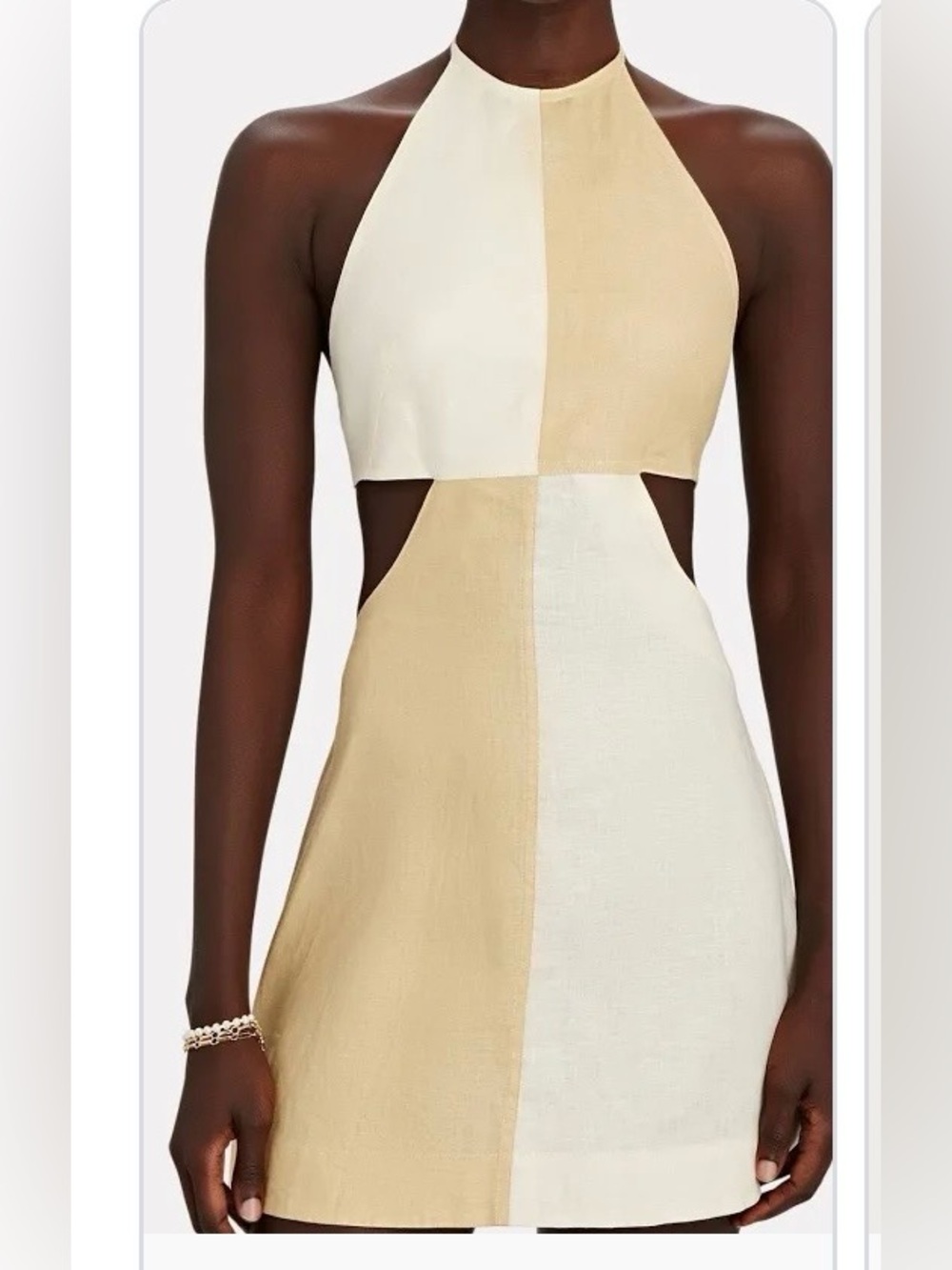 Neutral Two-Tone Mini Dress with Cutout Detail - Beige/Cream